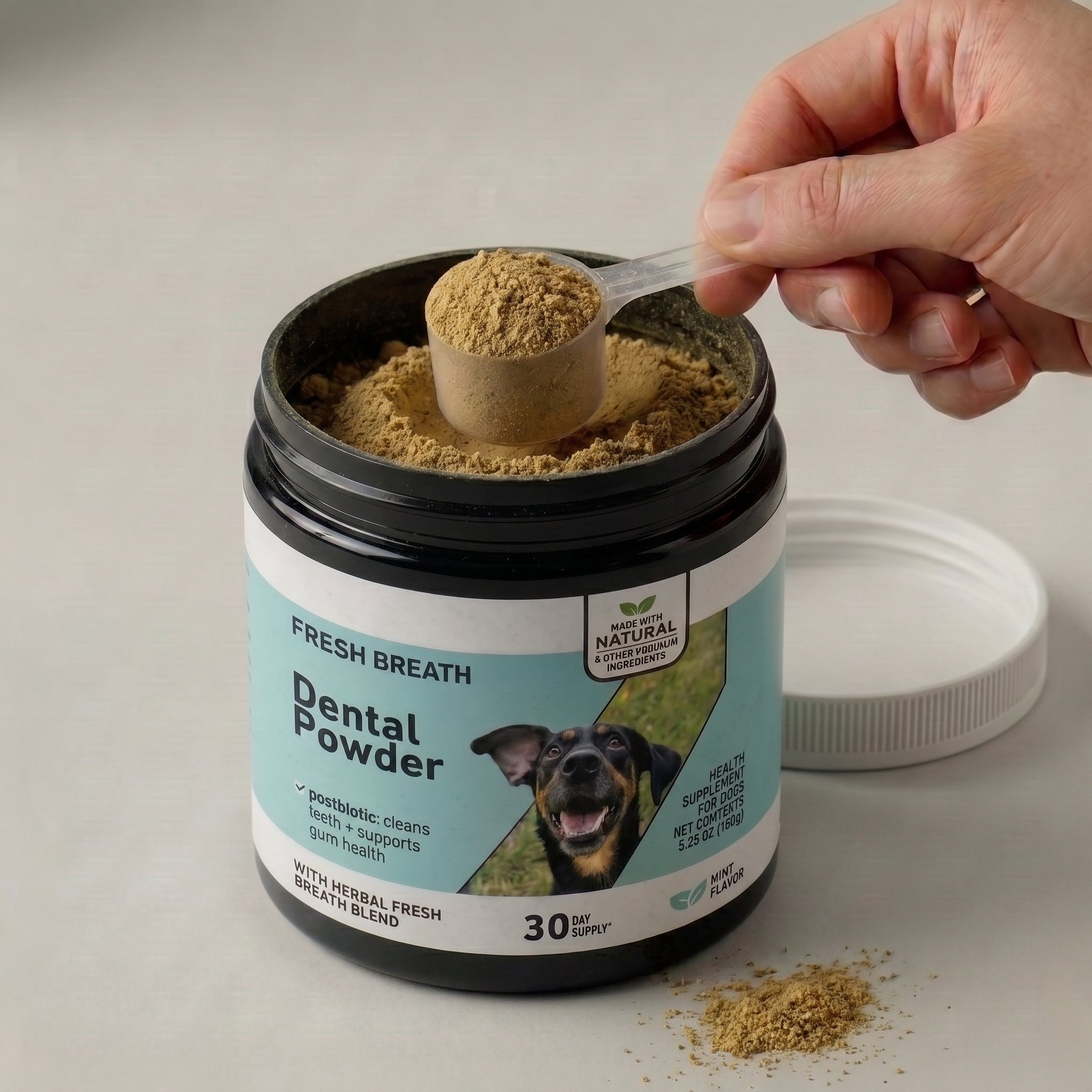 Measuring one scoop of dental powder