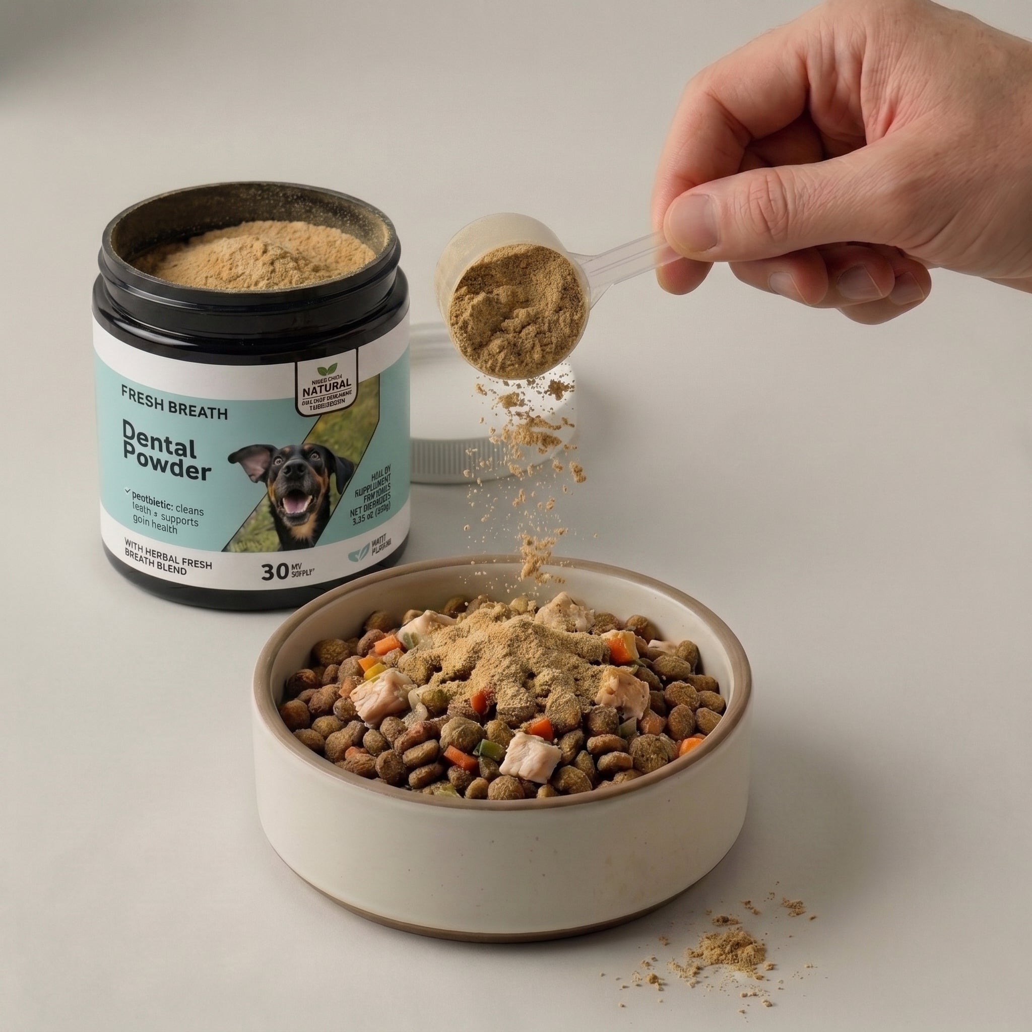 Sprinkling dental powder over pet food