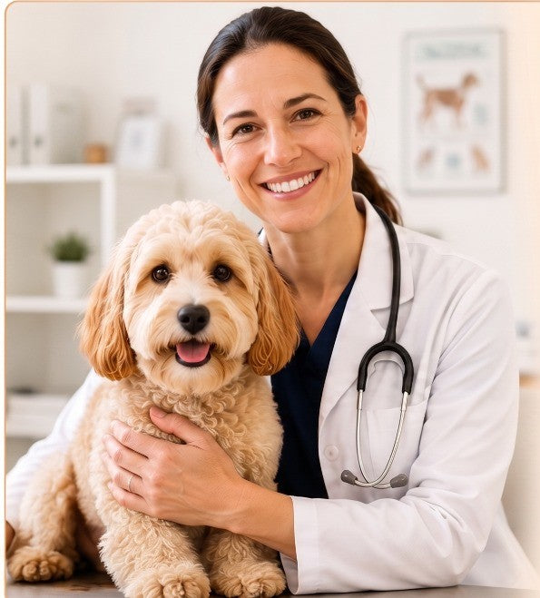 Veterinarian holding a happy dog